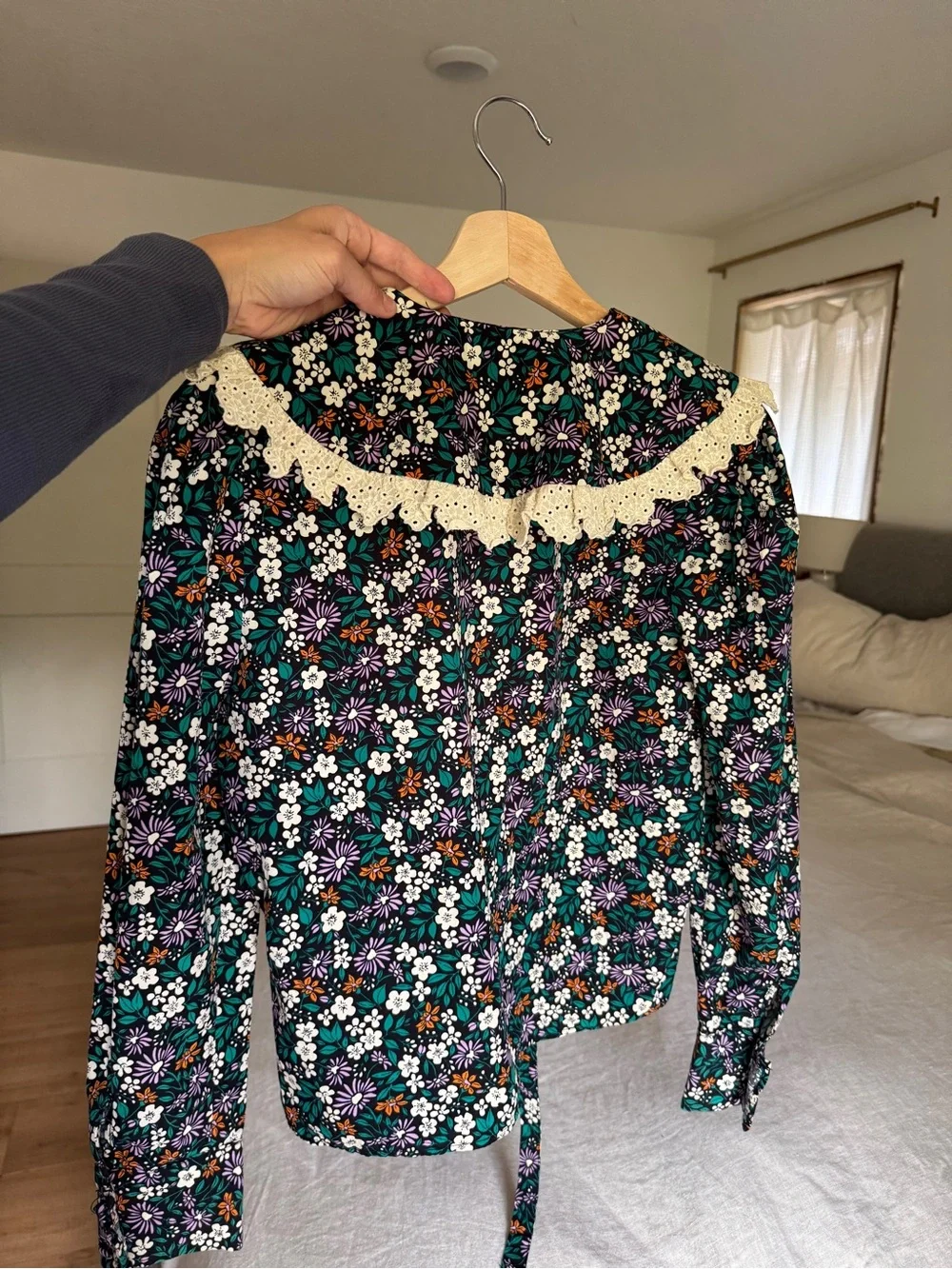 Zara Multicolored Floral Printed Lace Trim Collar Top Size S